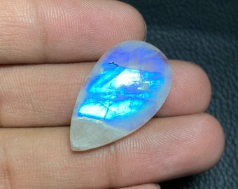 Clean Blue Flashy Rainbow Moonstone Pear Shape Cabochon Gemstone Size - 17.50x29.50x7 Mm. At Very Reasonable Price For Making Jewelry.!!