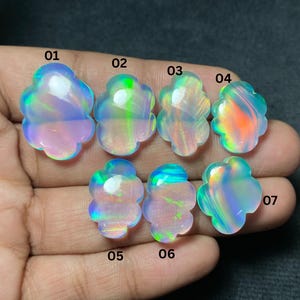 May include: Seven iridescent opal gemstones, each cut into a flower shape, are displayed. The opals have a range of colors, including pink, blue, green, and orange, with a shimmering, translucent quality. The gemstones are numbered 01 through 07.
