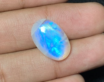 Clean Blue Flashy Rainbow Moonstone Size - 13x20x6 Mm. Both Side Hand Made Polish Flat Back Oval Shape Cabochon Loose Gemstone Use For Her.
