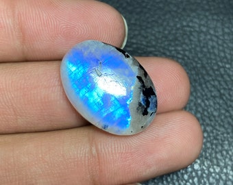 Glowing Blue Rainbow Moonstone With Black Tourmaline Oval Shape Cabochon Loose Gemstone Size - 17.50x24.50x7.50 Mm. Use For All Jewelry.!!