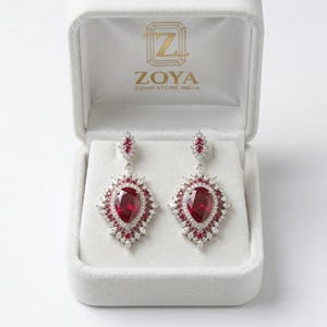 Red CZ Teardrop Dangle Earrings, 925 Sterling Silver Art Deco Statement Bridal Drop Jewelry