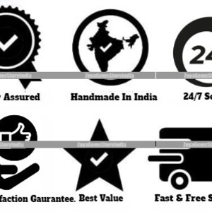 May include: Black and white icons representing quality assurance, handmade in India, 24/7 service, 100% satisfaction guarantee, best value, and fast and free shipping.