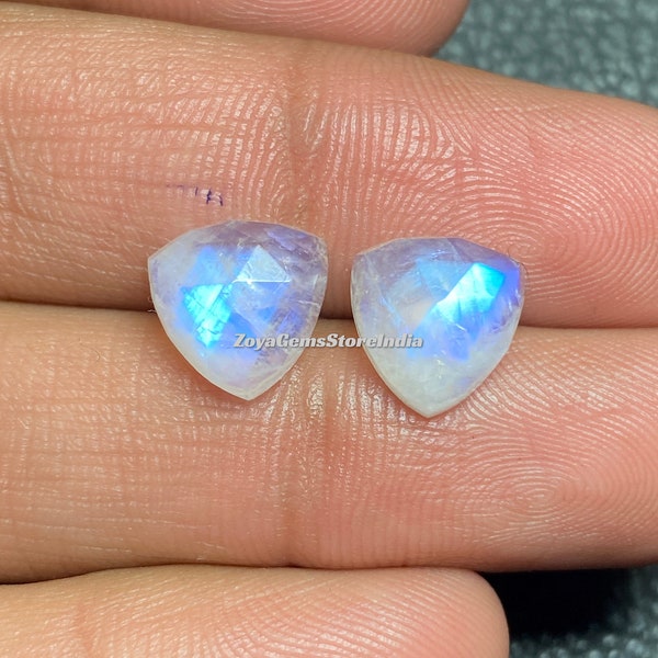 Very Fine ~ Blue Flashy Rainbow Moonstone Size - 8 To 20 Mm. One Side Faceted Rose Cut Flat Back Trillion Shape Loose Gemstone Use For Her.
