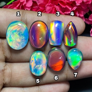 Peut inclure: Sept pierres précieuses opalescentes de différentes formes, dont ovales, en goutte et rectangulaires. Les opales présentent une gamme de couleurs, telles que le bleu, l'orange, le violet et le vert, avec une qualité chatoyante et réfléchissante. Les pierres sont tenues dans une main devant des fleurs roses.