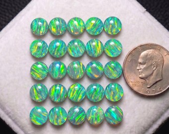 Lab-Created Gilson Opal Round Cabochon, Blue-Green Fire, Jewelry Making Supply