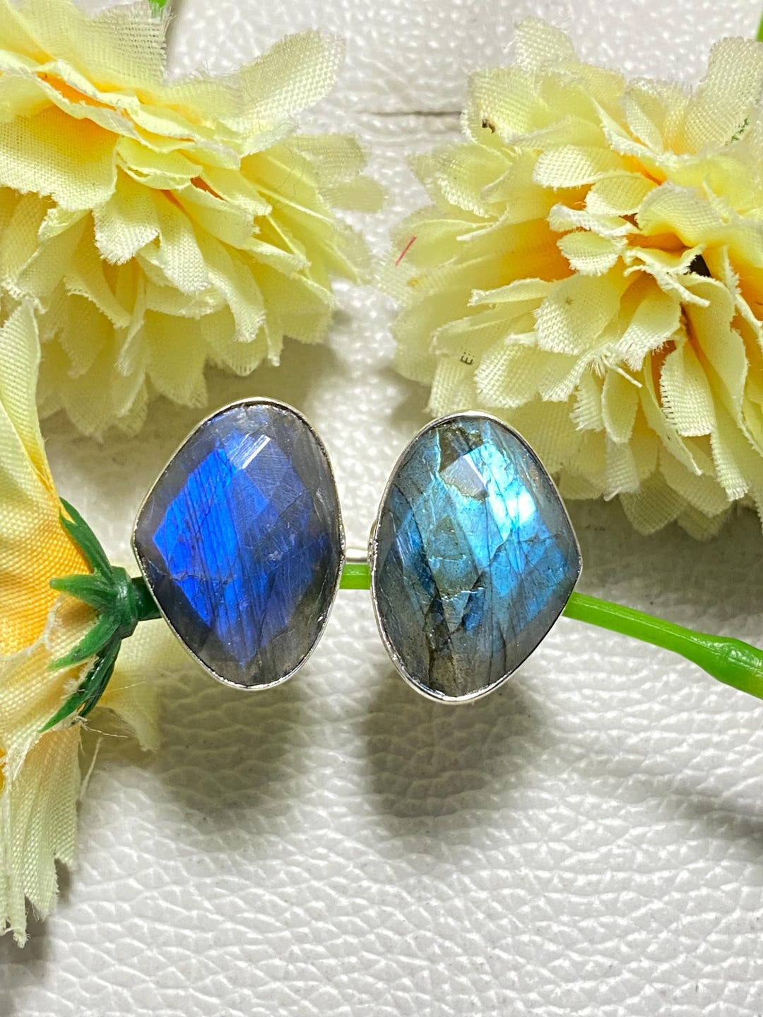 Labradorite Silver Plated Ring, Adjustable Double Heart Gemstone