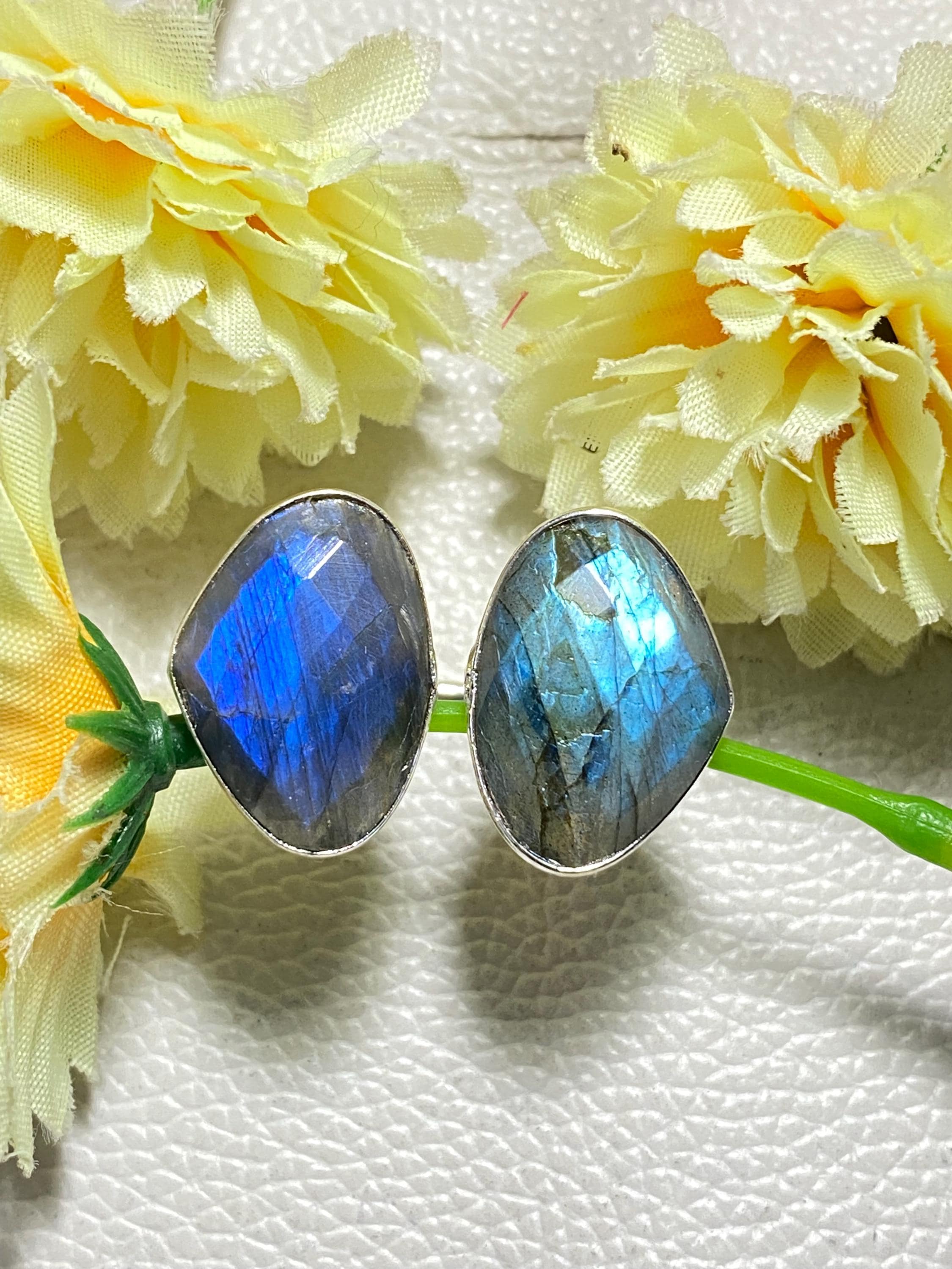 Labradorite Silver Plated Ring, Adjustable Double Heart Gemstone