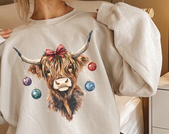 Christmas Highland Cow Sweatshirt, Highland Cow Shirt, Holiday Cow, Highland Cattle, Watercolor Highland Cow, Boho Gift