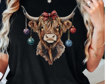 Highland Cow Christmas T-Shirt, Highland Cow Shirt, Holiday Cow, Highland Cattle, Watercolor Highland Cow, Boho Gift, Ugly Christmas Sweater