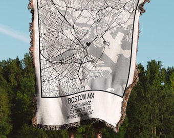 Personalized 2nd Anniversary Blanket, Cotton Wedding Gift, Custom Map Throw, Housewarming Gift for Husband & Wife