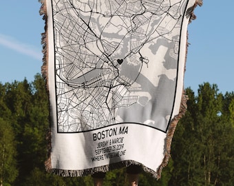 Personalized Cotton Map Blanket, Anniversary & Wedding Gift, Custom Woven Throw, Housewarming Gift