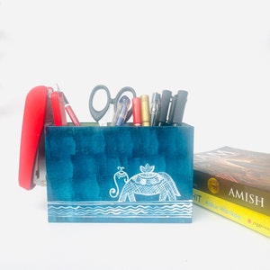 Handpainted Multipurpose Pencil Storage Box Indian Folk Art Desk Organization, Wooden Home Decor, Housewarming Gifts, Decorative Pen Stand Blue