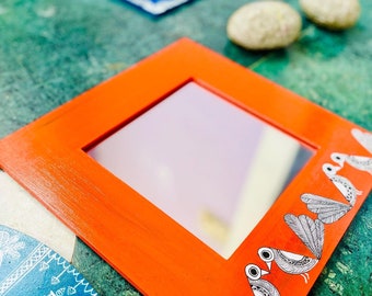 Handpainted Orange Wooden Square Mirror with Mithila art frame 12"x12"| Stylish and Functional Home Decor, Wedding Gift, Functional Art