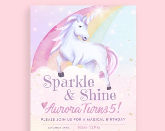 Invitación de cumpleaños de unicornio editable para niñas, fiesta de arcoíris pastel, invitación de cumpleaños mágica con brillo y destellos, primer cumpleaños imprimible