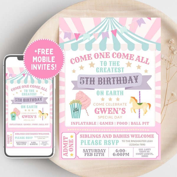 EDITABLE Carnival Invitations for Girls Birthday, Pastel Carnival Party Invite Template