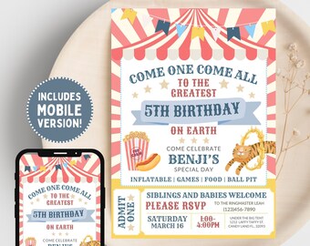 Plantilla EDITABLE de invitaciones de carnaval para cumpleaños de niños, invitaciones a boletos de circo