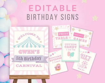Karneval-Geburtstagsfeier Pastell Tischschilder EDITIERBARE Karneval Mädchen Geburtstag Schilder Pink
