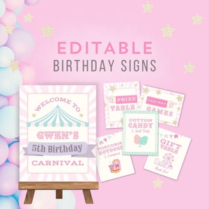 Karneval-Geburtstagsfeier Pastell Tischschilder EDITIERBARE Karneval Mädchen Geburtstag Schilder Pink