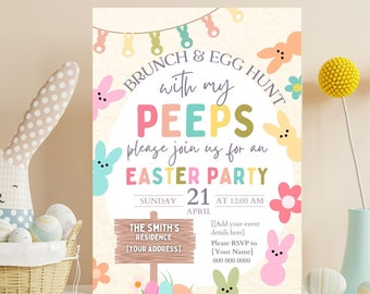 Invitación a la búsqueda de huevos de Pascua EDITABLE Invitación al brunch de Pascua Fiesta de Pascua Peeps invitan a descarga instantánea