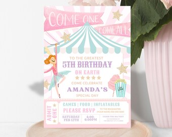 Invitaciones de carnaval editables para cumpleaños de niñas, plantilla de invitación para fiesta de carnaval o circo en tonos pastel