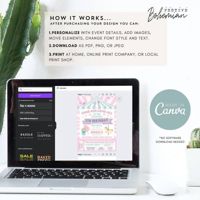 Puede incluir: Una pantalla de computadora port&aacute;til que muestra una invitaci&oacute;n de cumplea&ntilde;os de tem&aacute;tica de carnaval rosa y azul con el texto "Come One Come All to the Greatest 5th Birthday on Earth...Gwen's" y "Please RSVP". La invitaci&oacute;n est&aacute; hecha en Canva y se puede personalizar con detalles del evento, im&aacute;genes y texto.
