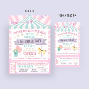 Puede incluir: Invitaci&oacute;n de cumplea&ntilde;os de tem&aacute;tica de carnaval rosa y azul con una carpa de circo, un carrusel, algod&oacute;n de az&uacute;car, palomitas de ma&iacute;z y un boleto. La invitaci&oacute;n dice "Venga todos al mejor 5&ordm; cumplea&ntilde;os en la tierra, venga a celebrar el d&iacute;a especial de Gwen.  Inflables, juegos, comida, foso de bolas.  Hermanos y beb&eacute;s son bienvenidos.  Por favor, RSVP al maestro de ceremonias Leah.  S&aacute;bado, 12 de febrero, 4:00-6:00pm.  1212 Laffy Taffy St, Candy Land FL, 32093."