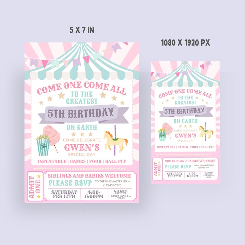 Puede incluir: Invitaci&oacute;n de cumplea&ntilde;os de tem&aacute;tica de carnaval rosa y azul con una carpa de circo, un carrusel, algod&oacute;n de az&uacute;car, palomitas de ma&iacute;z y un boleto. La invitaci&oacute;n dice "Venga todos al mejor 5&ordm; cumplea&ntilde;os en la tierra, venga a celebrar el d&iacute;a especial de Gwen.  Inflables, juegos, comida, foso de bolas.  Hermanos y beb&eacute;s son bienvenidos.  Por favor, RSVP al maestro de ceremonias Leah.  S&aacute;bado, 12 de febrero, 4:00-6:00pm.  1212 Laffy Taffy St, Candy Land FL, 32093."