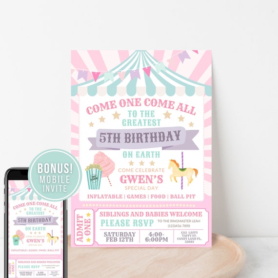 EDITABLE Carnival Invitations for Girls Birthday, Pastel Carnival Party Invite Template