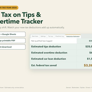May include: A digital tracker for tax year 2026 titled No Tax on Tips & Overtime Tracker. It features a deduction estimator table showing net qualified tips, estimated deductions for tips, overtime, and car loans, and total federal tax saved.