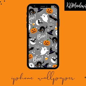 May include: A gray and white Halloween themed iPhone wallpaper with black cats, ghosts, pumpkins, bats, and stars. The text "Boo!" is repeated throughout the design.
