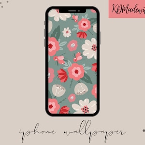 Może przedstawiać: Cyfrowy ekran telefonu wyświetlający wzór tapety kwiatowej z różowymi, czerwonymi i białymi kwiatami na zielonym tle.