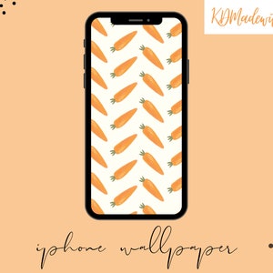 Könnte beinhalten: Ein weißes iPhone-Hintergrundbild mit einem Muster aus orangefarbenen Karotten. Der Text "iPhone wallpaper" ist in Schwarz am unteren Bildschirmrand geschrieben.