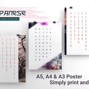 May include: Three posters featuring Japanese Katakana and Hiragana. The posters are A5, A4, and A3 size. One poster has a cherry blossom background, another has a Tokyo Tower at sunset, and the third has a white background with Japanese characters.