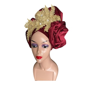 Wine Gold Autogele for Wedding Birthday and Special Occasions. Women Ready to wear African Head-tie. Pre tied Turban Hat. Church Party Gele.