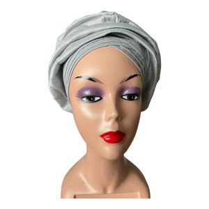 Silver Auto Gele, Pre tied Head Wrap For Women, Turban Hat For Wedding Party, African Ready Made Hear tie For Church, Nigeria  Gele Style.