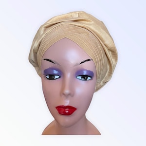 Gold Head tie, Auto Gele Hat, Raw Silk Ready Made Head wrap for women, Ready to wear African Nigeria headscarf, Wedding Party Gele, Autogele