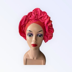 Pink Head tie, Auto Gele Ready to Wear, Dupioni Raw Silk Turban Hat, Nigeria Party Head Tie, Two tone Pink gold For Wedding Guests