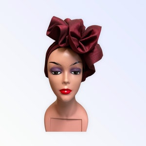 Auto Gele Ready to Wear, Dupion Raw Silk Ruffles Style Head Tie, Nigeria Pre Styled Head Wrap,Red Pre tied Turban for Wedding Party,