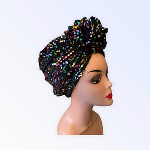 Sequin Fashion Turban | Multicoloured  Pre styled  Women’s Turban Head wrap | Rainbow Rose sparkling Headscarf.