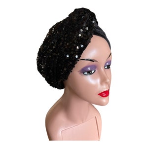 Sequin Fashion Turban in Black| Pre styled  Women’s Black Turban Head wrap