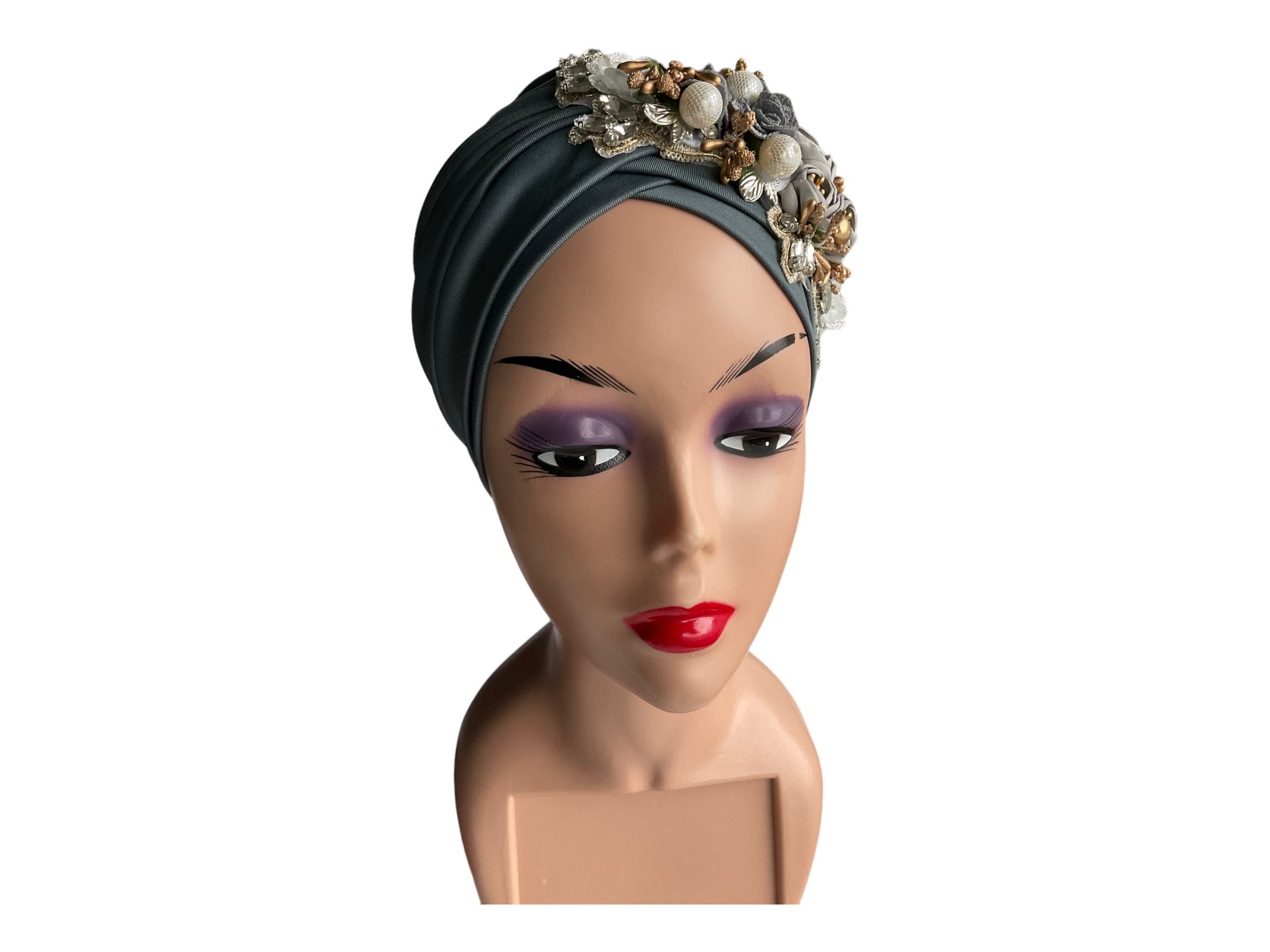 Gold Floral Jacquard Turban Headwrap 2023 New Arrival Luxury Flower Crystal Decorations Muslim  main image 2
