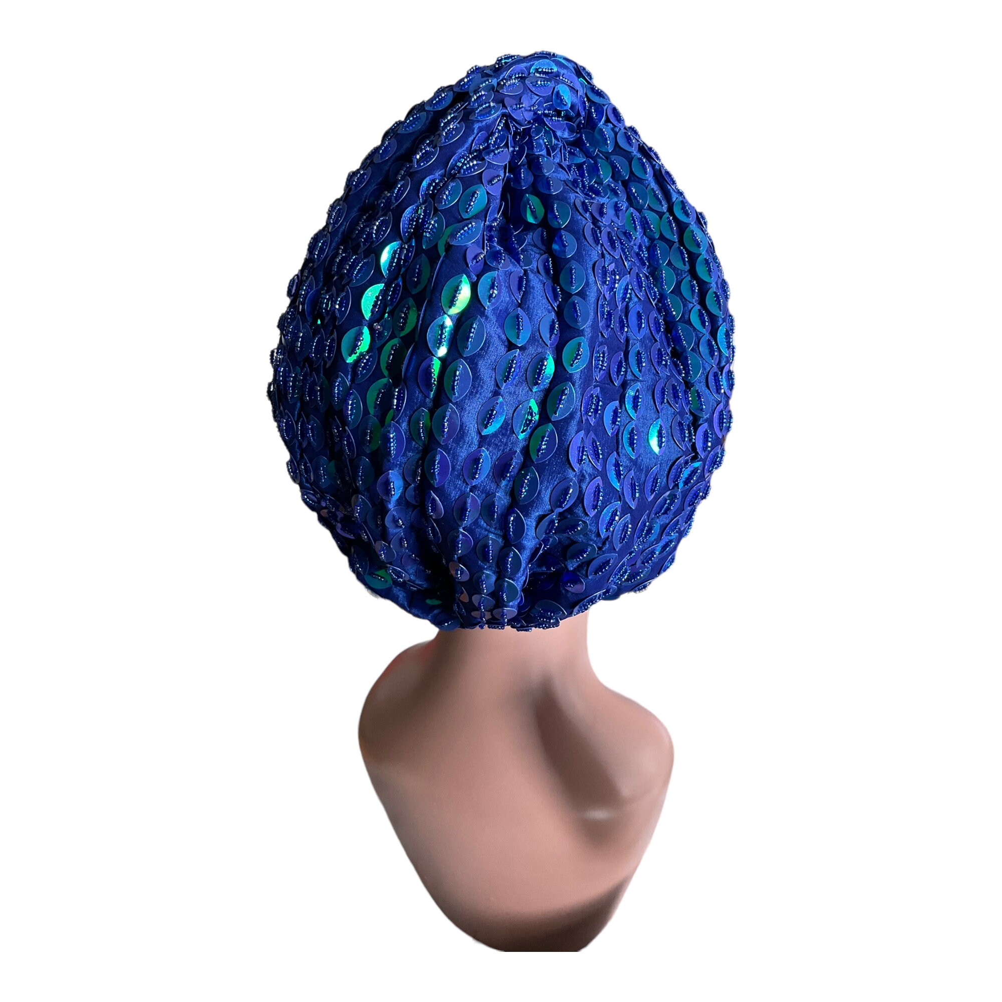 Embellished Royal Blue Beaded Turban Royal Blue Turban Hat for Women | Embellished Head Wrap for  main image 2