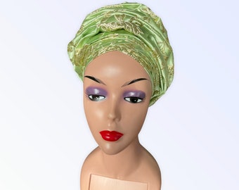 Auto Gele Ready to Wear, Green and Gold Damask Auto Gele, Women Headwrap Pre-tied Turban, Nigeria Party Head Tie, Africa  Gele For Wedding