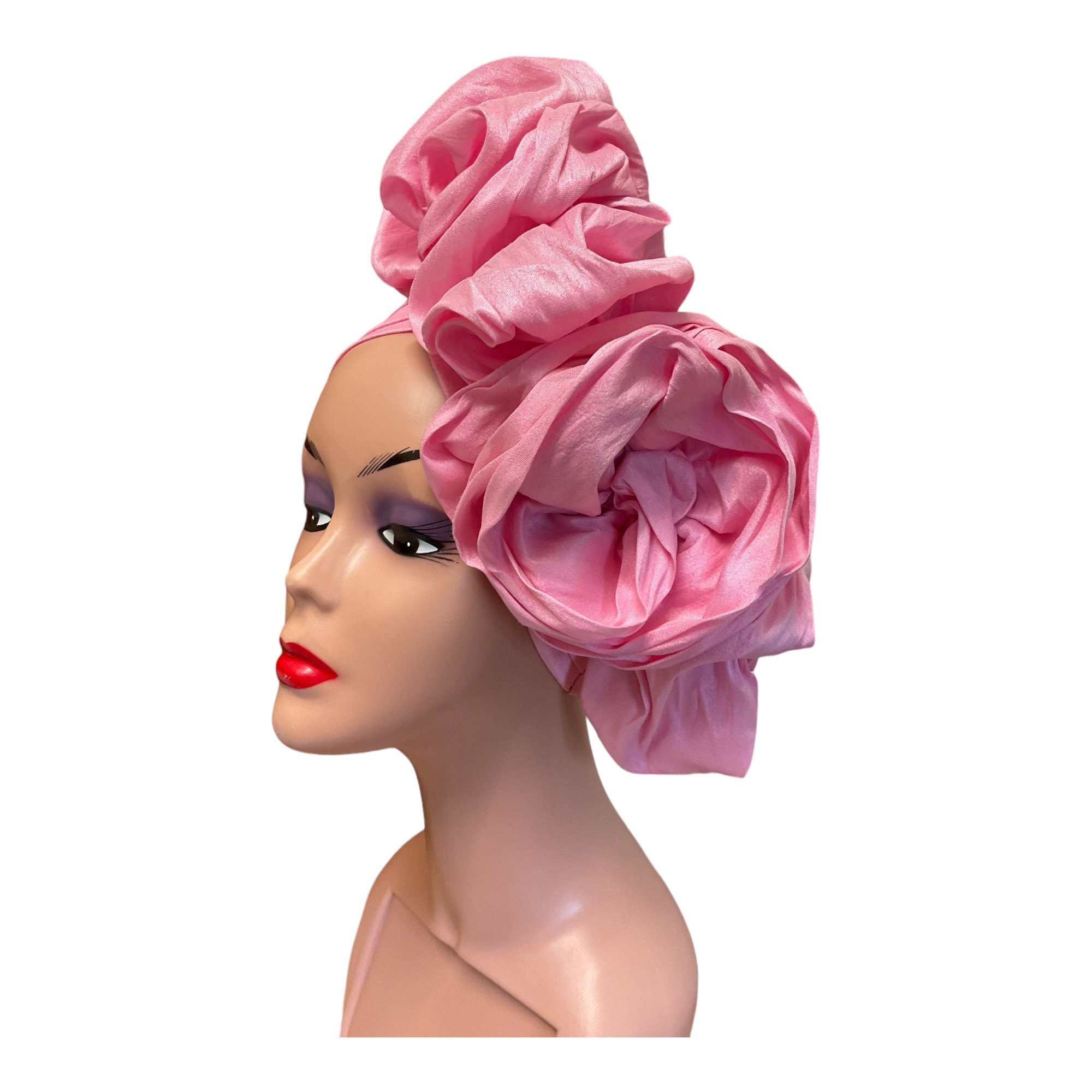 Auto Gele Ready to Wear, Wine Dupion Raw Silk Ruffles Style 