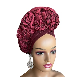 Chapeau turban prêt-à-porter vin pour femme, cravate pré-nouée pour invité de fête, foulard de mariage pré-style africain nigérian, autogel en soie brute