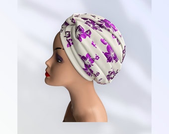 Pre tied Turban For Woman | Stylish Pre Styled Head Wrap | Grey Black multicoloured Head wrap | White and Purple Headscarf | Royal Blue Hat.