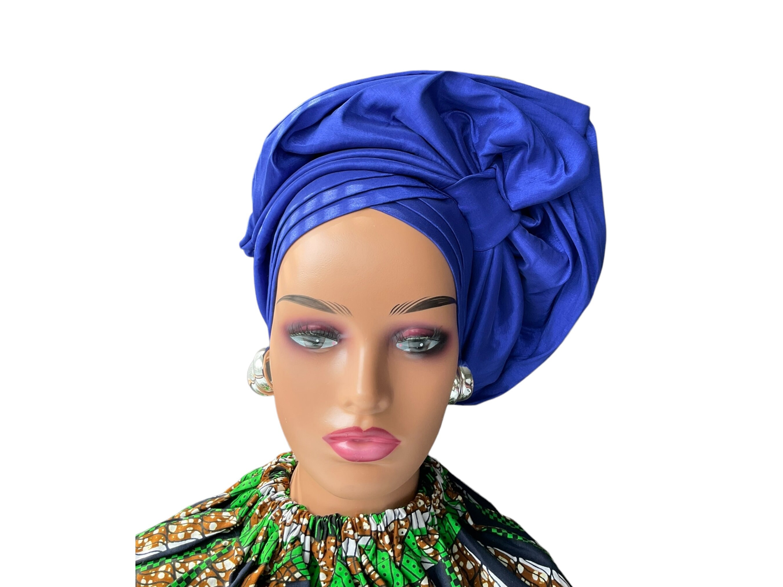 Blue African Head Wrap: Pre-tied Auto Gele Turban - Etsy display picture 1