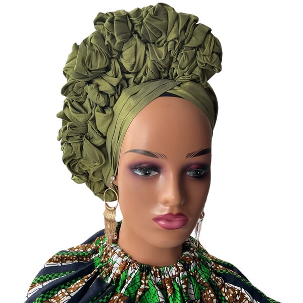 African Auto Gele Ready to Wear, Olive Green Raw Silk Head Tie, Nigerian Pre Styled Party Head Wrap, Wedding Guest Headscarf,Church,Birthday