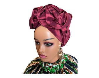 Pre tied Turban Hat| Rose Flower Fashion  Head wrap | Women Headwear | Ready to Wear Head tie | Nigeria Wedding Gele Hat| Burgundy Autogele