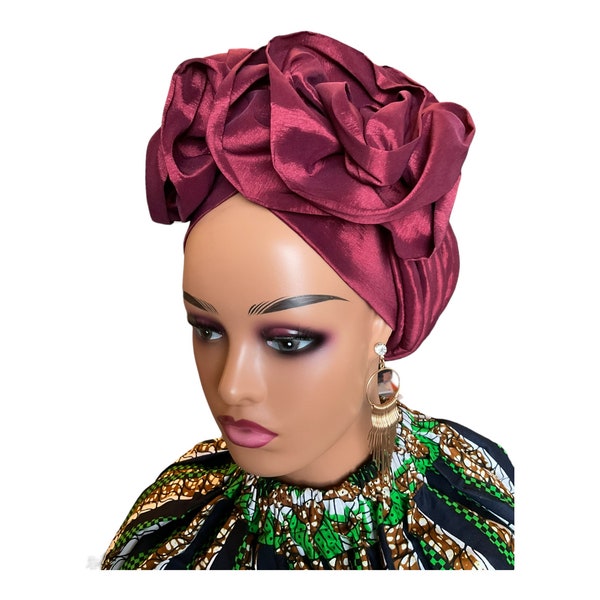 Pre tied Turban Hat| Rose Flower Fashion  Head wrap | Women Headwear | Ready to Wear Head tie | Nigeria Wedding Gele Hat| Burgundy Autogele
